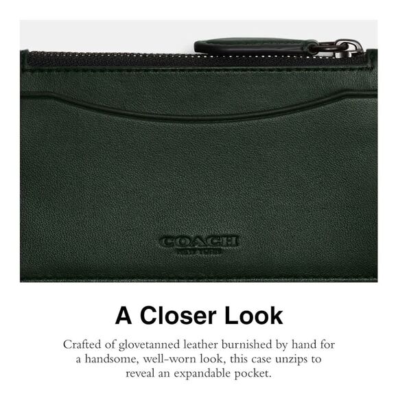 COACH Men’s Zip Card Case in Burnished Glovetanned Leather — Amazon Green - Picture 2 of 4